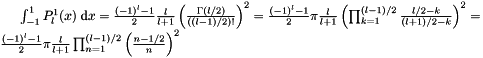 $\int_{-1}^{1} P^{1}_{l}(x) \;\mathrm{d}x = \frac{(-1)^{l}-1}{2} \frac{l}{l+1} \left(\frac{\Gamma(l/2)}{((l-1)/2)!}\right)^{2} = \frac{(-1)^{l}-1}{2} \pi \frac{l}{l+1} \left(\prod_{k=1}^{(l-1)/2} \frac{l/2-k}{(l+1)/2-k}\right)^{2} = \frac{(-1)^{l}-1}{2} \pi \frac{l}{l+1} \prod_{n=1}^{(l-1)/2} \left(\frac{n-1/2}{n}\right)^{2}$