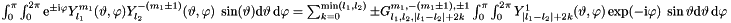 $\int_{0}^{\pi}\int_{0}^{2\pi} \mathrm{e}^{\pm\mathrm{i}\varphi} Y_{l_1}^{m_1}(\vartheta, \varphi) Y_{l_2}^{-(m_1\pm1)}(\vartheta, \varphi) \;\sin(\vartheta)\mathrm{d}\vartheta\,\mathrm{d}\varphi = \sum_{k=0}^{\min(l_1,l_2)} \pm G^{m_1,-(m_1\pm1),\pm1}_{l_1,l_2,|l_1-l_2|+2k} \int_{0}^{\pi}\int_{0}^{2\pi} Y^{1}_{|l_1-l_2|+2k}(\vartheta, \varphi) \exp(-\mathrm{i}\varphi) \;\sin{\vartheta}\mathrm{d}\vartheta\,\mathrm{d}\varphi$
